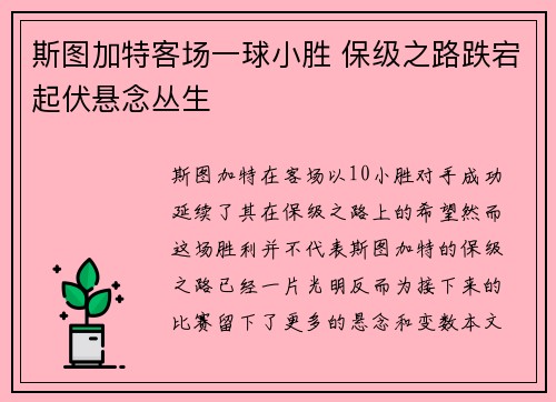 斯图加特客场一球小胜 保级之路跌宕起伏悬念丛生