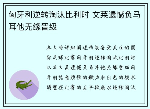 匈牙利逆转淘汰比利时 文莱遗憾负马耳他无缘晋级