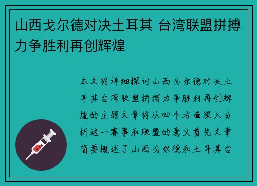 山西戈尔德对决土耳其 台湾联盟拼搏力争胜利再创辉煌
