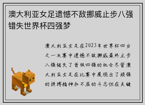澳大利亚女足遗憾不敌挪威止步八强错失世界杯四强梦