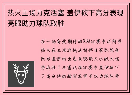 热火主场力克活塞 盖伊砍下高分表现亮眼助力球队取胜