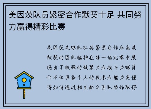 美因茨队员紧密合作默契十足 共同努力赢得精彩比赛