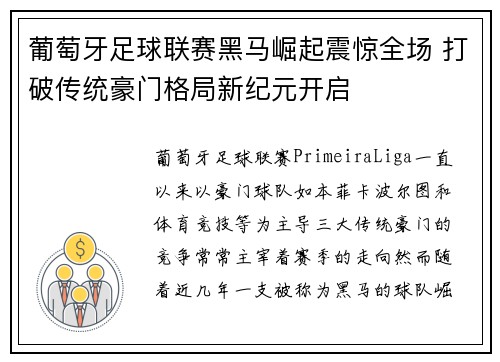 葡萄牙足球联赛黑马崛起震惊全场 打破传统豪门格局新纪元开启