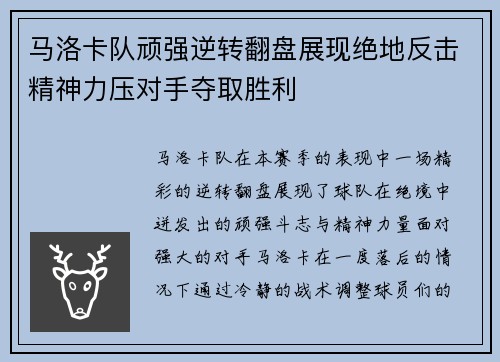 马洛卡队顽强逆转翻盘展现绝地反击精神力压对手夺取胜利