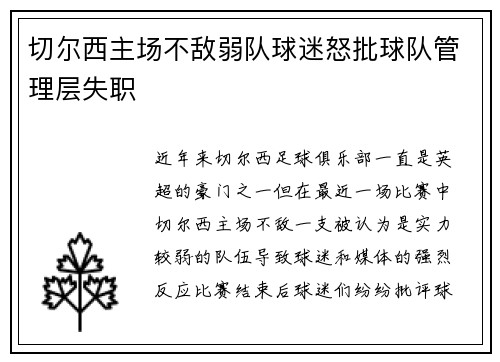 切尔西主场不敌弱队球迷怒批球队管理层失职