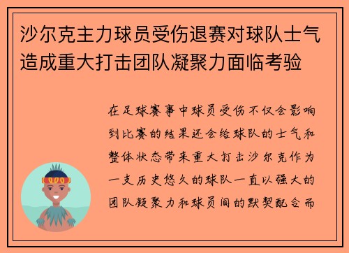 沙尔克主力球员受伤退赛对球队士气造成重大打击团队凝聚力面临考验